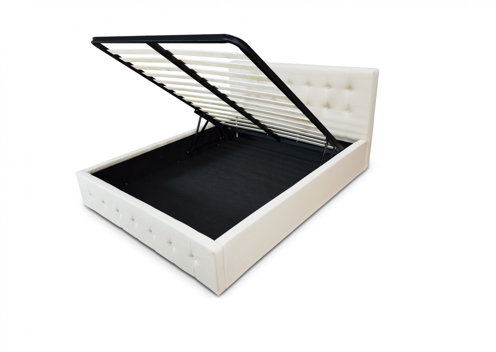 Pat tapitat cu piele ecologica, 90 x 200 , cu sertar lenjerii si somiera rabatabila,  Culoare Alb, Hans