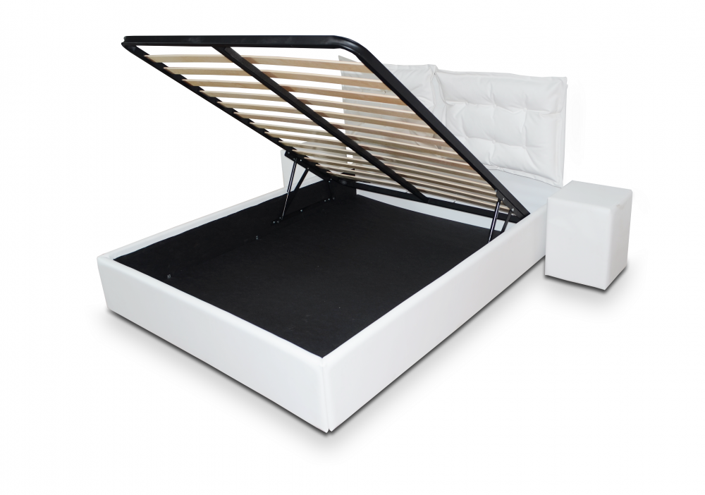 Pat tapitat cu piele ecologica, 90 x 200, cu sertar lenjerii si somiera rabatabila,  Culoare Alb, Otto