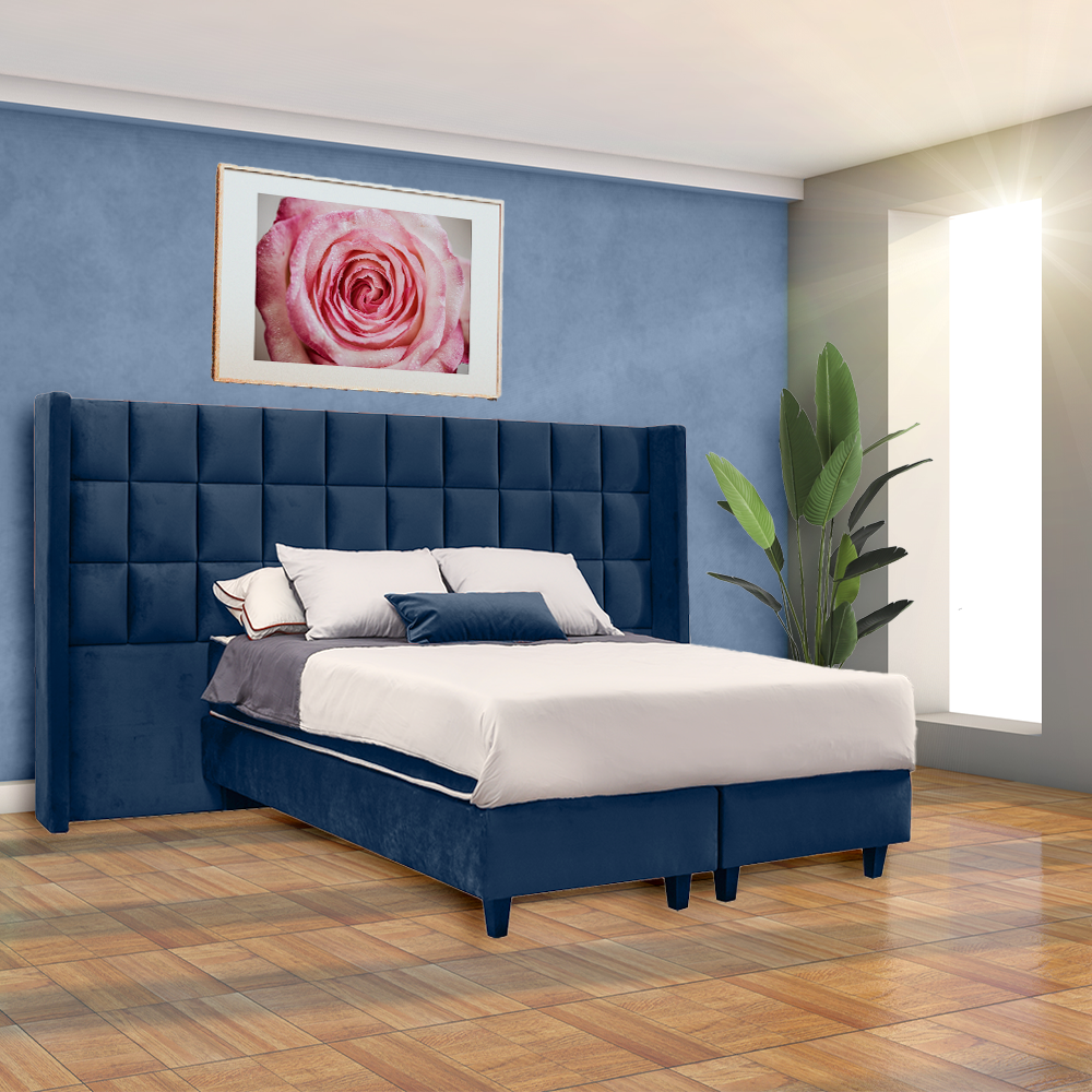 Pat tapitat, American cu Boxspring, 200x200, Aldo, Albastru
