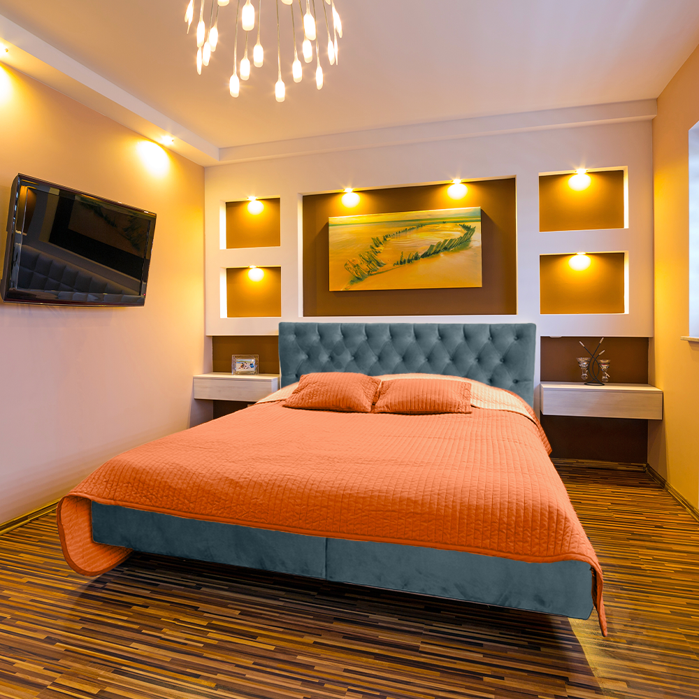 Pat tapitat, cu somiera rabatabila si 2 lazi de depozitare, 200x200, Tunis, Azur