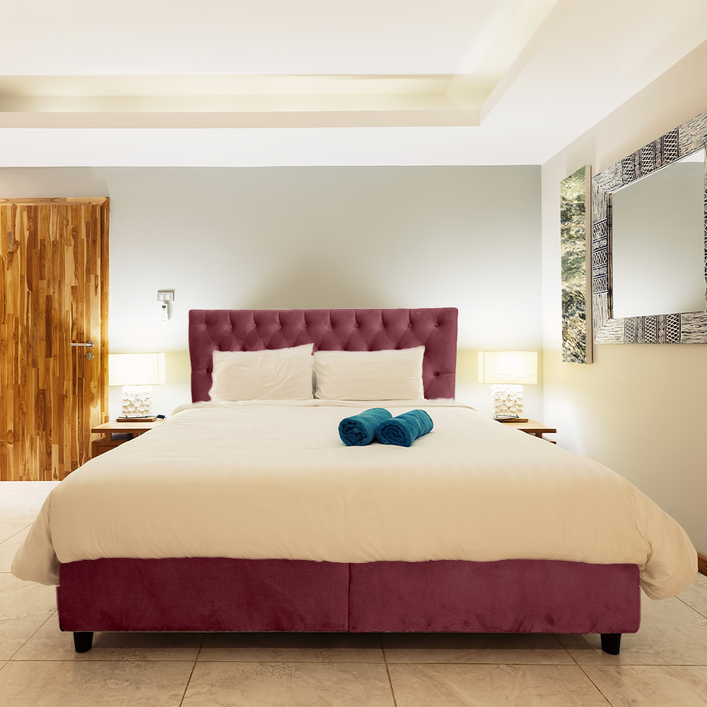 Pat tapitat, cu somiera rabatabila si 2 lazi de depozitare, 180x200, Tunis, Visiniu