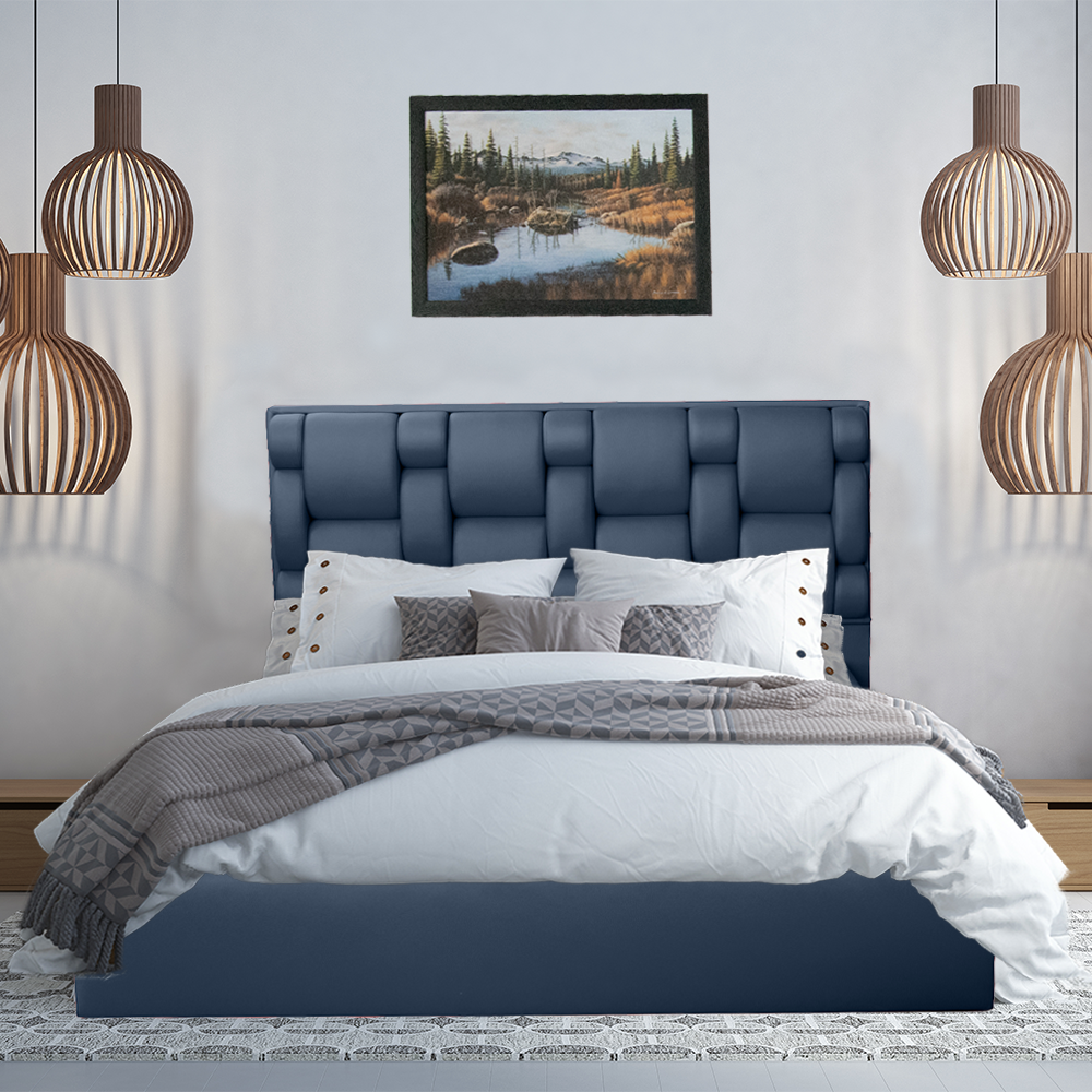 Pat tapitat, cu somiera rabatabila si lada de depozitare, 160x200, Bjorn, Albastru