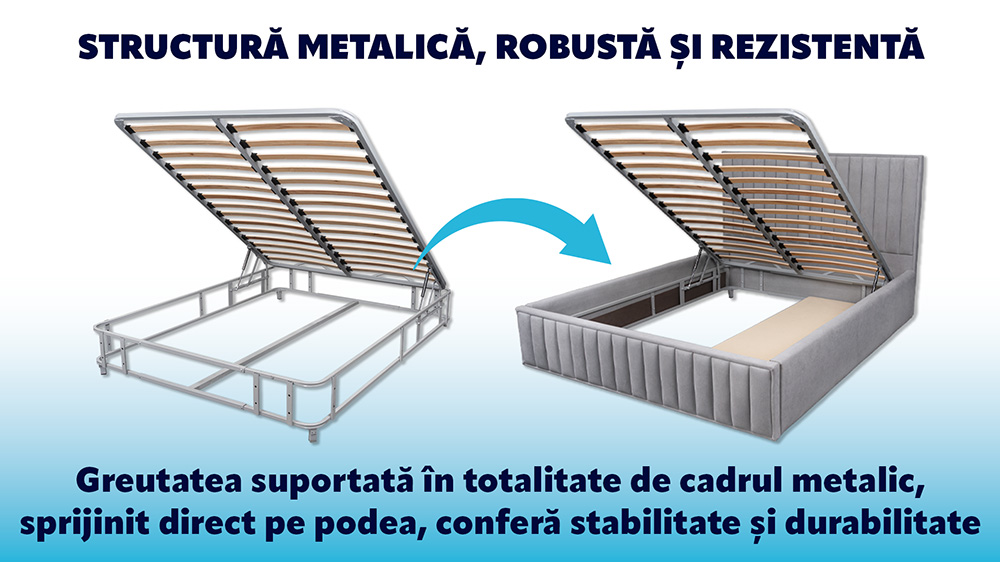 Pat Tapitat Cu Lada De Depozitare Si Cadru Metalic, 140X200- Alma - 2 Pat Tapitat Cu Lada De Depozitare Si Cadru Metalic- Alma