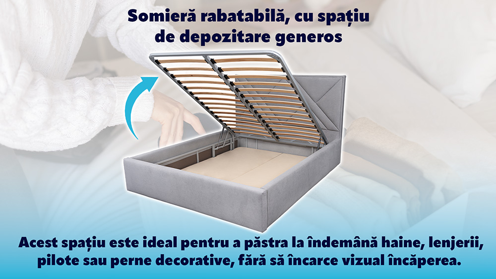 Pat Tapitat Cu Lada De Depozitare Si Cadru Metalic- Victoria